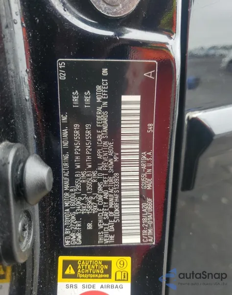 2015 Toyota Highlander Limited z USA, uszkodzony, nr VIN 5TDDKRFH4FS133928